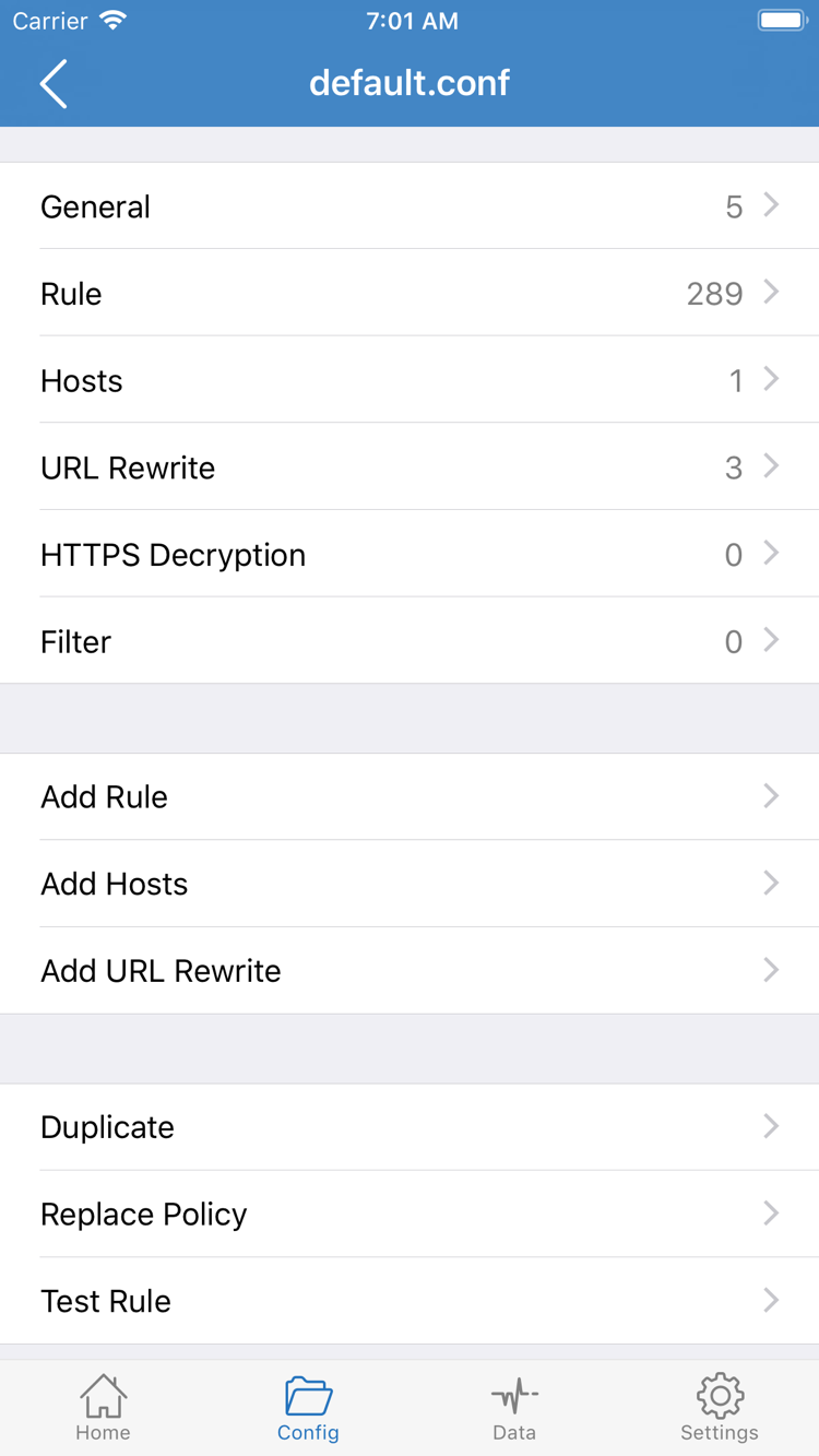Shadowrocket Config 配置编辑官方截图，包含 General、Rule、Hosts、URL Rewrite、HTTPS Decryption 与 Add Rule