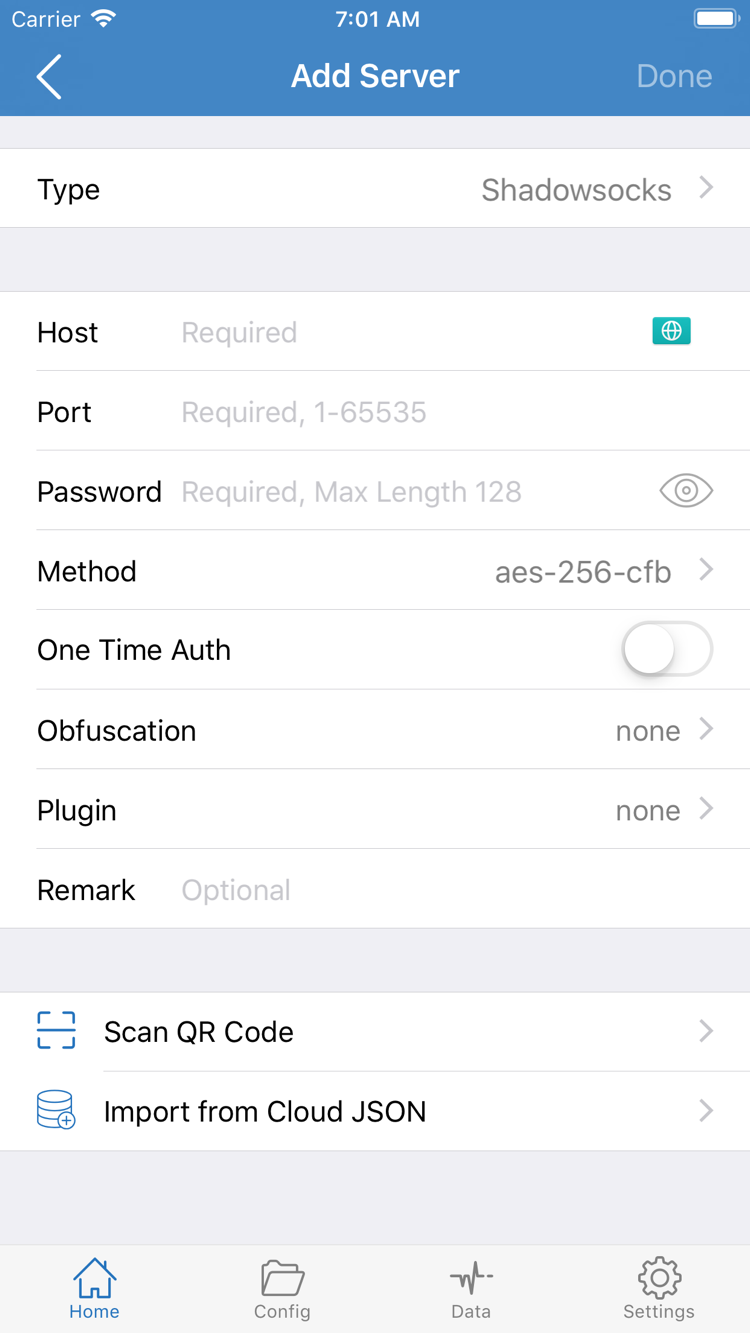 Shadowrocket 공식 Add Server 스크린샷. Type, Host, Port, Password, Method, Scan QR Code 및 Import from Cloud JSON 표시
