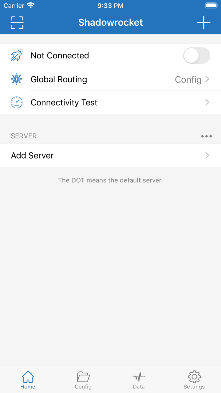 Official Shadowrocket Home screenshot showing Not Connected, Global Routing, Connectivity Test and Add Server